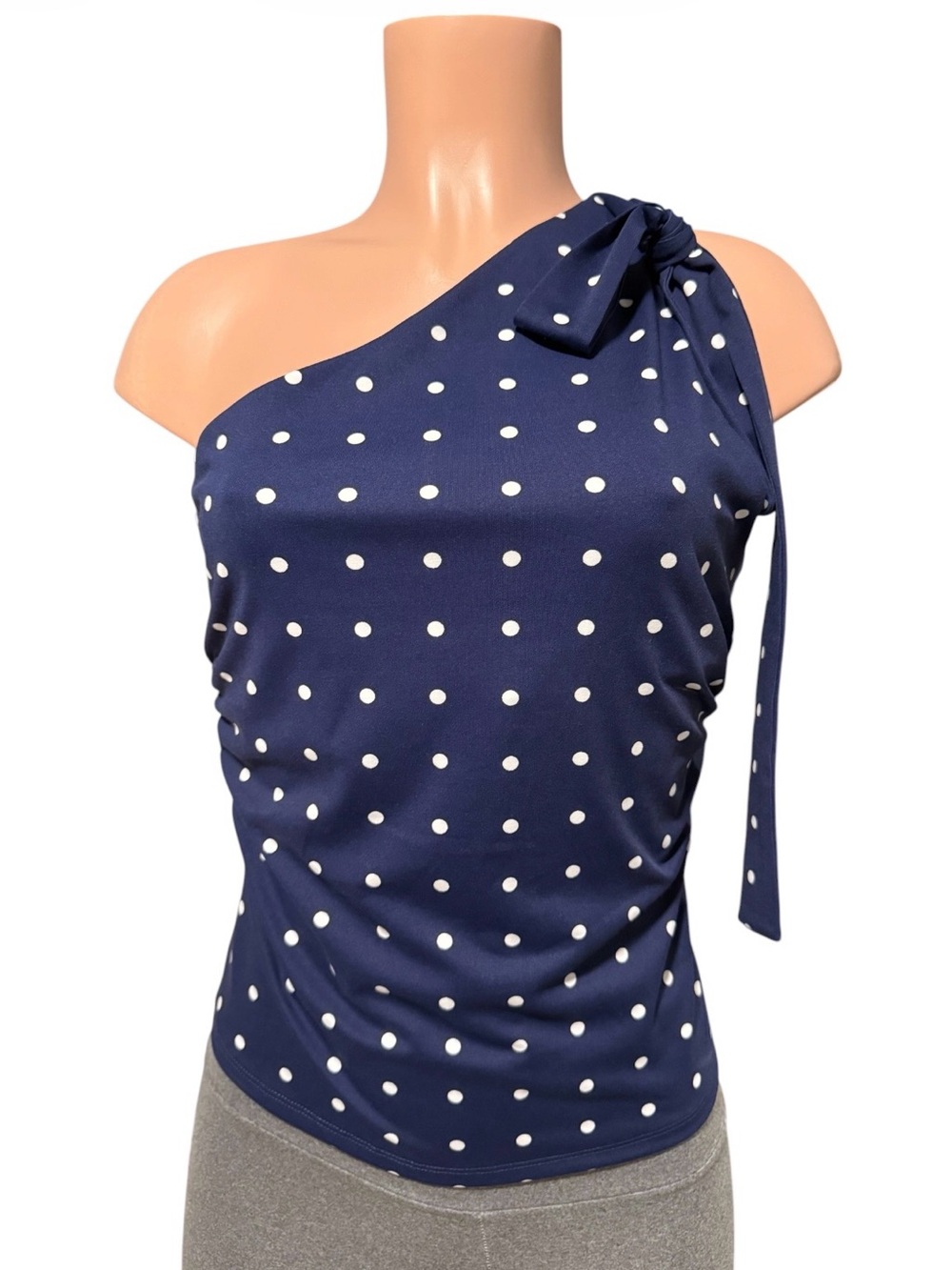 Navy Polka Dot One-Shoulder Top